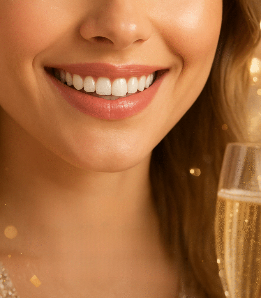 Clareamento dental profissional sendo realizado por dentista, mostrando paciente sorrindo e resultado de dentes mais brancos.