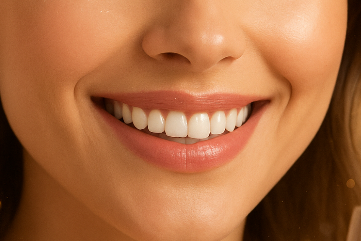 Clareamento dental profissional sendo realizado por dentista, mostrando paciente sorrindo e resultado de dentes mais brancos.